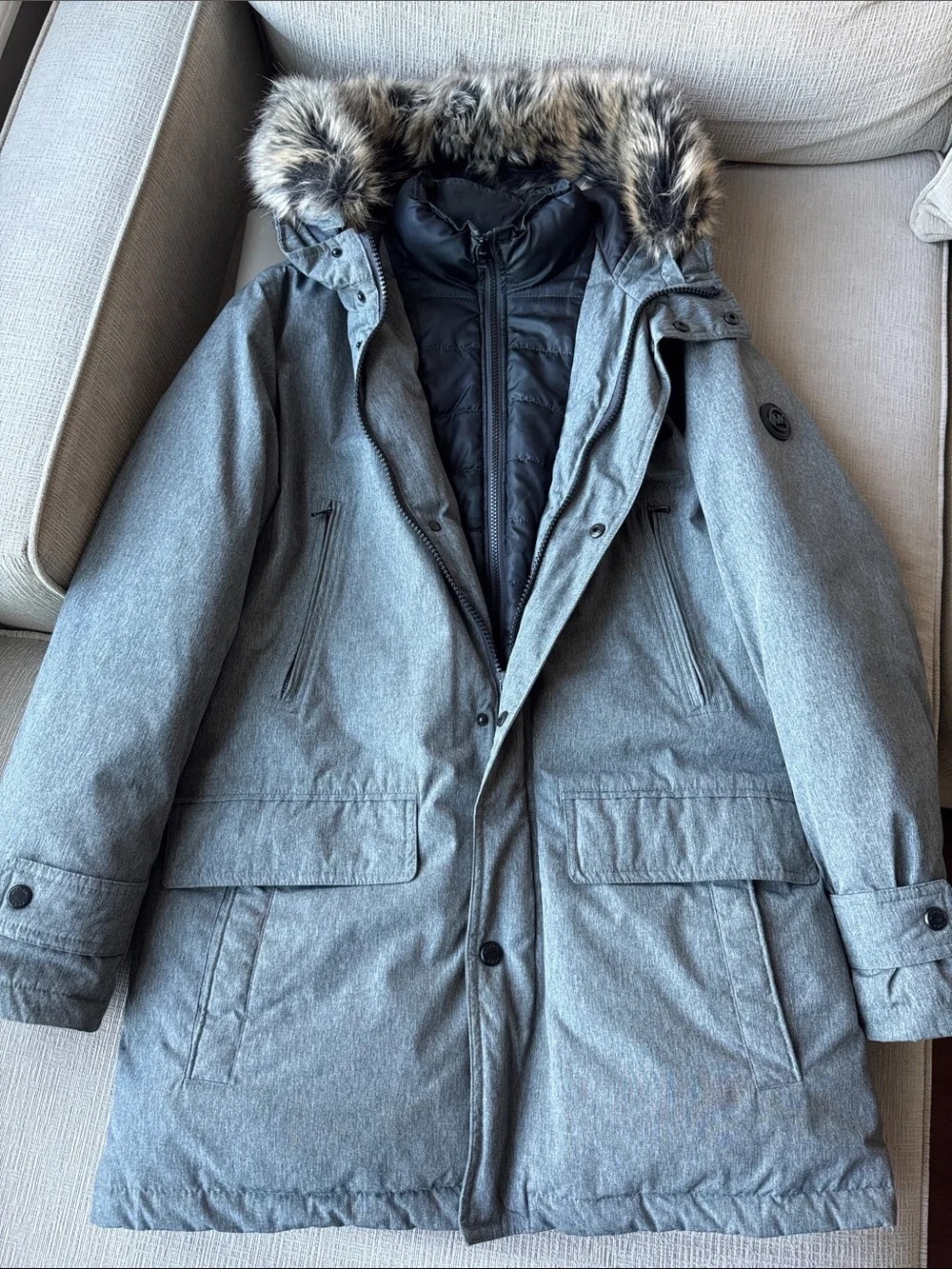 Michael Kors Heather Grey Quilted-Trim Parka with Faux Fur Hood